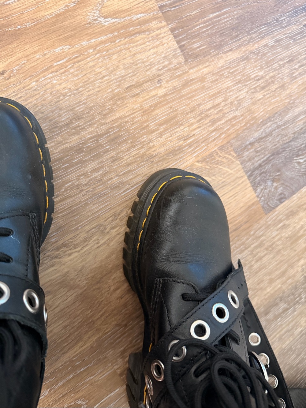 Dr. Martens Black Leather Grommet Strap Lug Boots with Yellow Stitch - Picture 4 of 4
